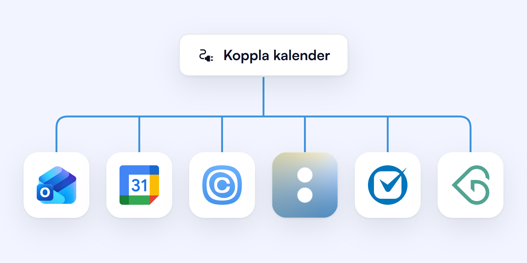 Knappen Koppla kalender kopplad till Outlook, Google Kalender, Calendly, Acuity, Clio och Bokadirekt.