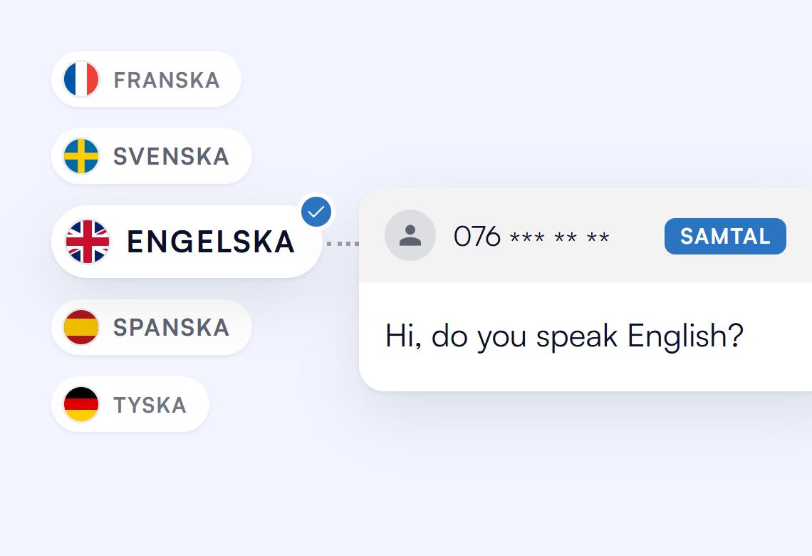 Exempel: språket Engelska är valt för ett samtal från 076 *** ** ** där den som ringer frågar: Hi, do you speak English?